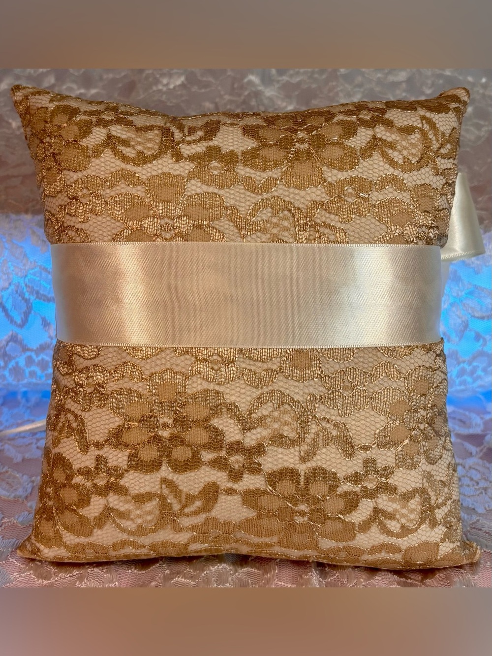 🥂 Handmade Champagne and Ivory Ring Pillow and Flower Basket Set - Picture 6 of 15